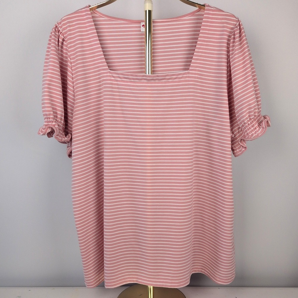 Wiholl Women's 3XL Plus Pink & White Striped Square Neck Puff Sleeve Blouse